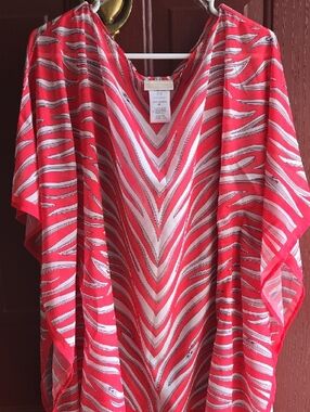 Michael Kors Coral Pink Whote Zebra Sheer Caftan Nwt M